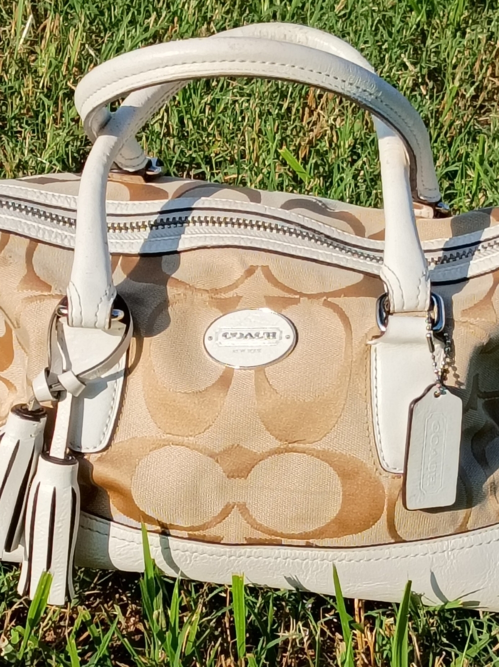 Coach Signature Canvas Satchel in Tan and White